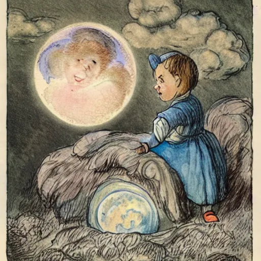 Image similar to celestial talking moon candid portrait, surrounded by clouds, illustrated by peggy fortnum and beatrix potter and sir john tenniel