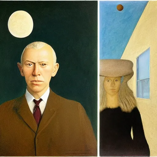 Prompt: christina's world by andrew wyeth, by hilma af klint and rene magritte and grant wood