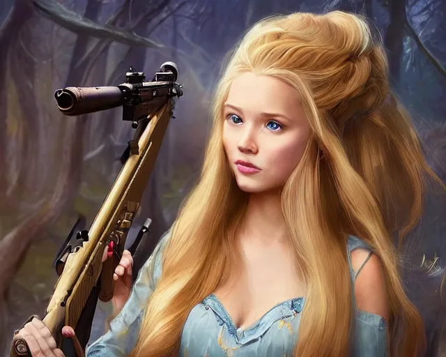 Image similar to disney princess with long blonde hair vs long barreled 9 0 sniper rifle : : weta disney pixar movie still photo : : hi - fructose, decadent highly - detailed digital painting, golden ratio, octane render, artstation, smooth, sharp focus, artgerm, mucha, loish, wlop