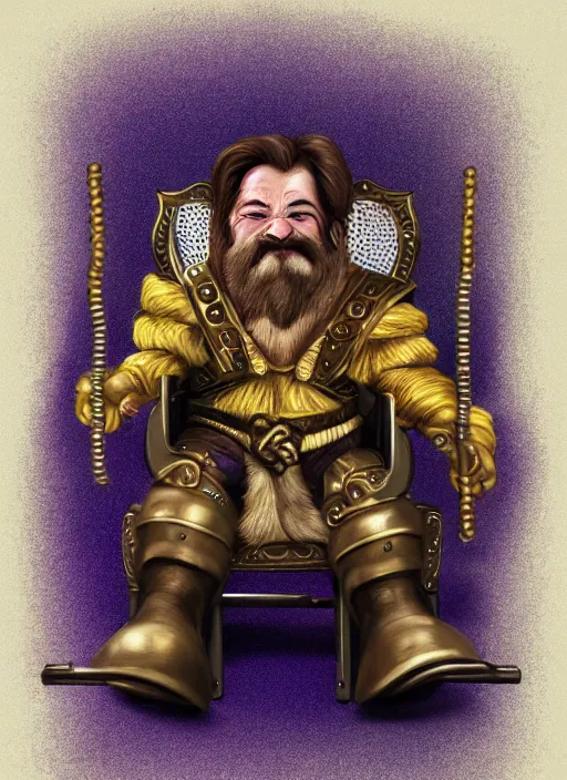 Image similar to dwarf fighter sitting in mechanical chair that has spider legs, gold and purple, exquisite details, black beard, white background, by studio muti