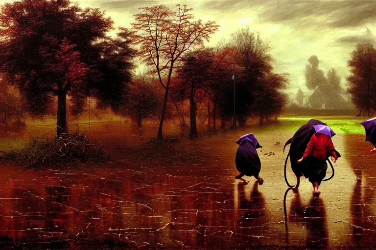 Image similar to a family of rats scurrying across a drenched field in a torrential rainstorm, in the style of jacek yerks, intricate and epic composition, red by caravaggio, insanely quality, highly detailed, masterpiece, purple light, artstation, 4 k