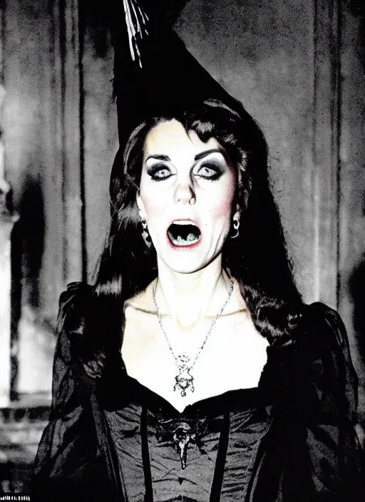 Image similar to candid photo of kate middleton as a gothic vampire in the 1980s, haunted house interior, ghostly figure, scary, 80s aesthetics,