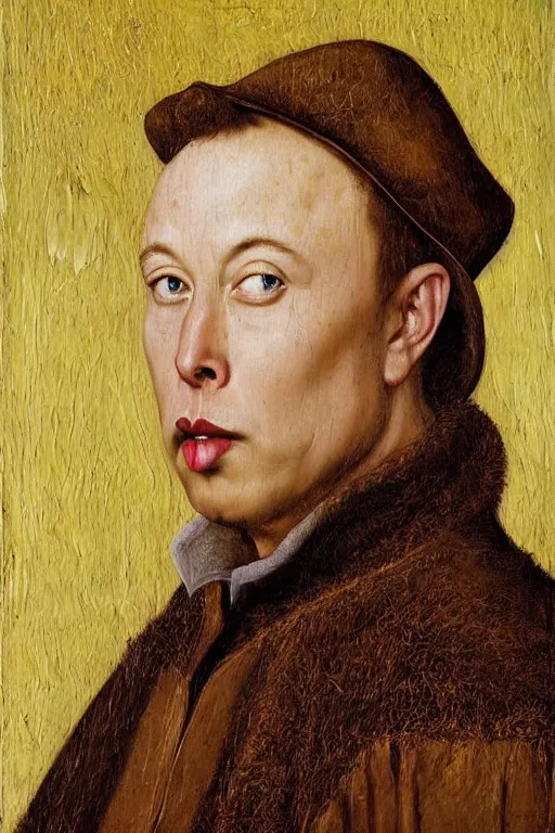 Image similar to portrait of elon musk, oil painting by jan van eyck, northern renaissance art, oil on canvas, wet - on - wet technique, realistic, expressive emotions, intricate textures, illusionistic detail