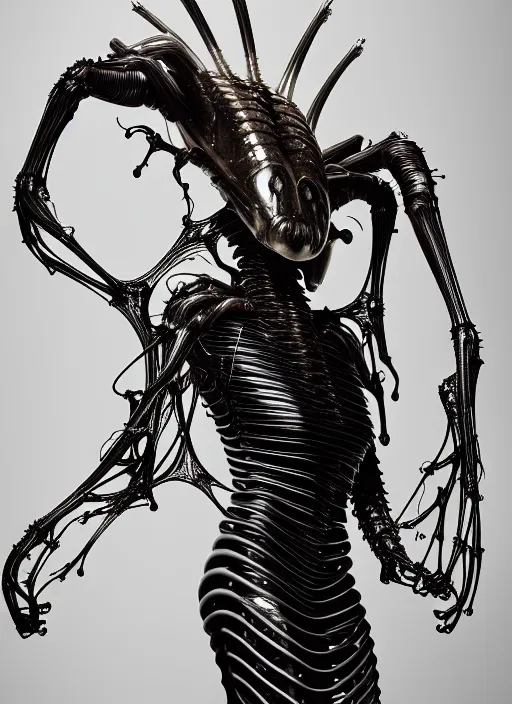 Prompt: iris van herpen gothic inflateble dark dress, perfect symmetrical body, helmet on face, full body shot, alien, plant predator, guyver, giger, wires, tubes, veins, jellyfish, white biomechanical details, wearing epic bionic cyborg implants, masterpiece, intricate, biopunk, vogue, highly detailed, artstation, concept art