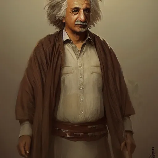 Image similar to a portrait of a Kurdish Albert Einstein in Kurdish clothes by Greg Rutkowski, digital art, horror, chiaroscuro, trending on artstation, anime arts, featured on Pixiv, HD, 8K, highly detailed, good lighting, beautiful, epic, masterpiece