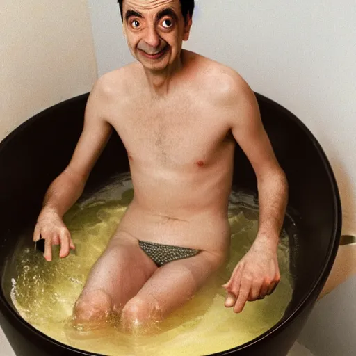 Image similar to mr bean swimming in a bathtub but instead of water it is baked beans full to the brim