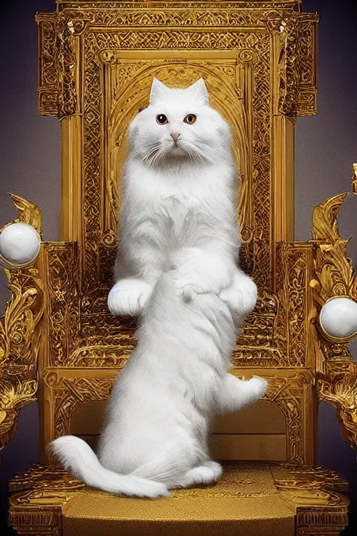 Prompt: “White cat is sitting on a throne in the royal palace in front of a crowd of worshipping humans. Retro colors. Detailed. Cinematic lighting. Artstation”