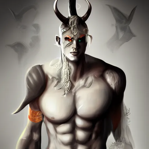 Image similar to fit male demon with white horns, young, careless, costume design, still, photograph, digital painting, trending on artstation, masterpiece, in the style of JB Casacop