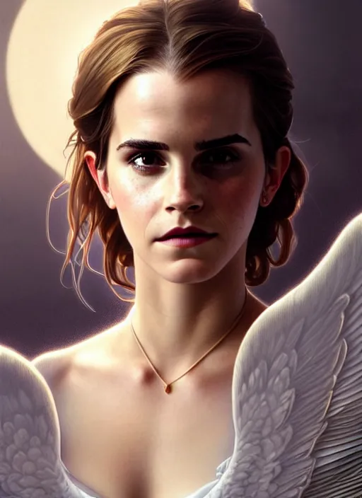 Image similar to portrait of emma watson as an sultry angel, wings, bible, intricate, headshot, highly detailed, digital painting, artstation, concept art, sharp focus, cinematic lighting, illustration, art by artgerm and greg rutkowski, alphonse mucha, cgsociety