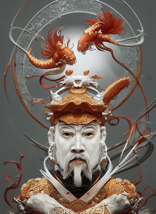 Image similar to subsurface scattering, white, koi, samurai deity with koi armor, art nouveau swirls, octane render, by jesper ejsing, james jean, justin gerard, tomasz alen kopera, cgsociety and fenghua zhong, highly detailed, rim light, cinematic lighting, art, very coherent, cinematic, hyper realism, high detail, 8 k