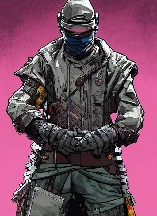 Image similar to cyberpunk ninja dude. portrait by ashley wood and alphonse mucha and laurie greasley and josan gonzalez and james gurney. splinter cell, apex legends, rb 6 s, hl 2, d & d, cyberpunk 2 0 7 7. realistic face. character clothing. vivid color. dystopian setting.