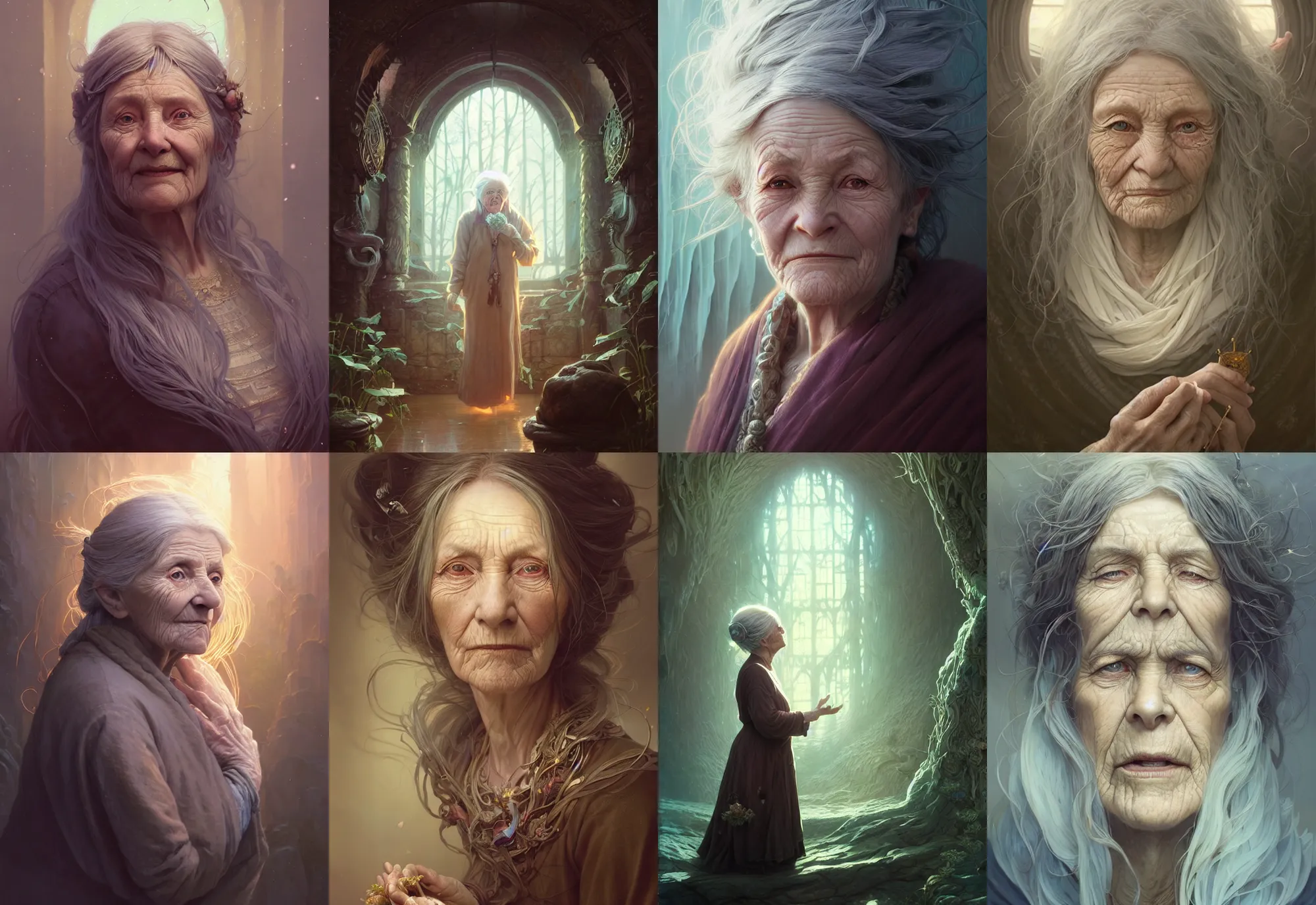 Image similar to highly detailed portrait of an old woman with long hairs, stephen bliss, unreal engine, fantasy art by greg rutkowski, loish, rhads, ferdinand knab, makoto shinkai and lois van baarle, ilya kuvshinov, rossdraws, tom bagshaw, alphonse mucha, global illumination, radiant light, detailed and intricate environment