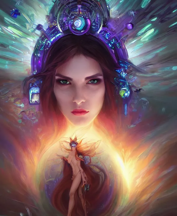 Image similar to a whirlwind of souls rushing inside the metaverse, half body, glowin eyes, tiara with sapphire, insect, android, cyberpunk, d & d, fantasy, intricate, elegant, highly detailed, colorful, vivid color, digital painting, artstation, concept art, art by artgerm and greg rutkowski and alphonse mucha and ruan jia