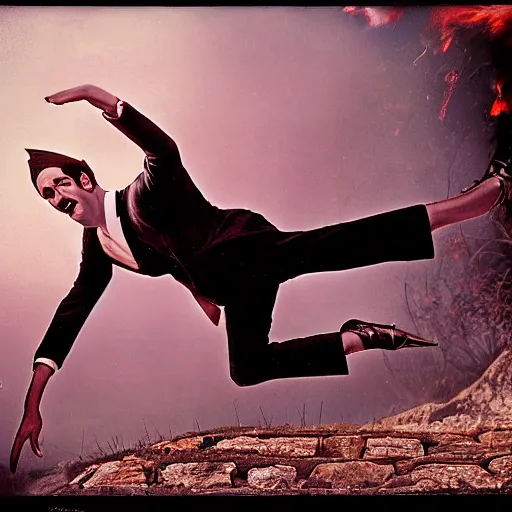 Image similar to vintage photo of spring heeled jack, jumping through the air with fiery eyes, photo journalism, photography, cinematic, national geographic photoshoot