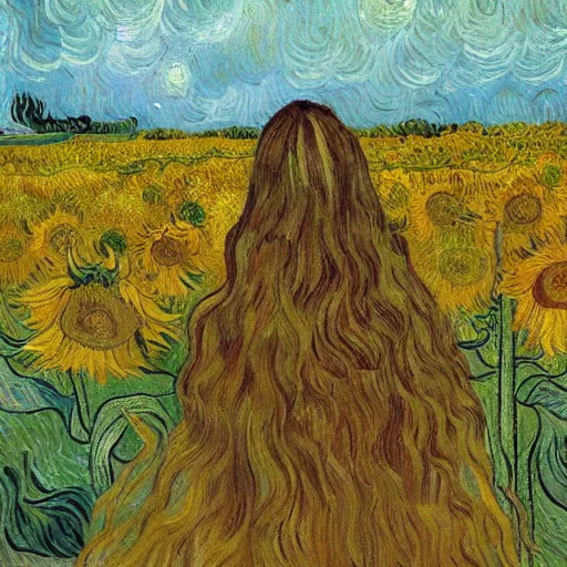 Prompt: a girl in amazing tall sunflower field, her hair flowing down, subtle, intricate details, real masterpiece, oil on canvas, by vincent van gogh