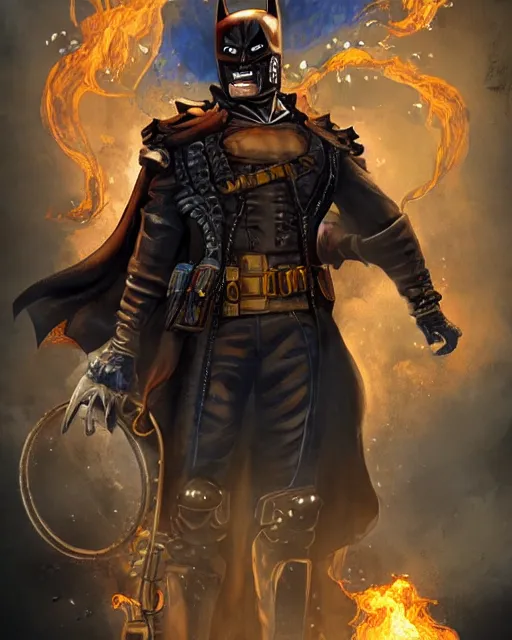 Image similar to steampunk batman with fire and ice magic coming out from his hands in a dystopian environment, full body view, highly detailed, amazing digital art, artstation, sharp focus