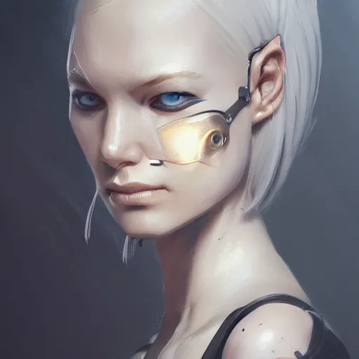 Prompt: portrait of a female cyborg by greg rutkowski, she is about 3 0 years old, korean, pale, white bob hair, she is wearing a black tank top, highly detailed portrait, digital painting, artstation, concept art, smooth, sharp foccus ilustration, artstation hq