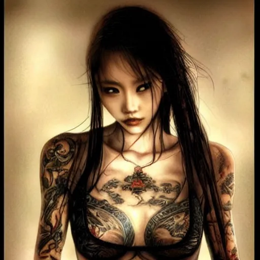 Image similar to gorgeous chinese girl in tattoos, by luis royo, top cinematic lighting, cinematic mood, hyperrealism