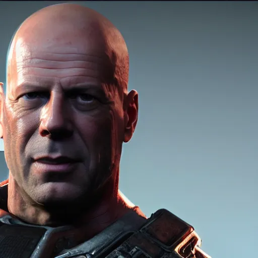 Prompt: a 40 years old Bruce Willis as a buffed gears of war 4 videogame character, undertailed, 8k render,