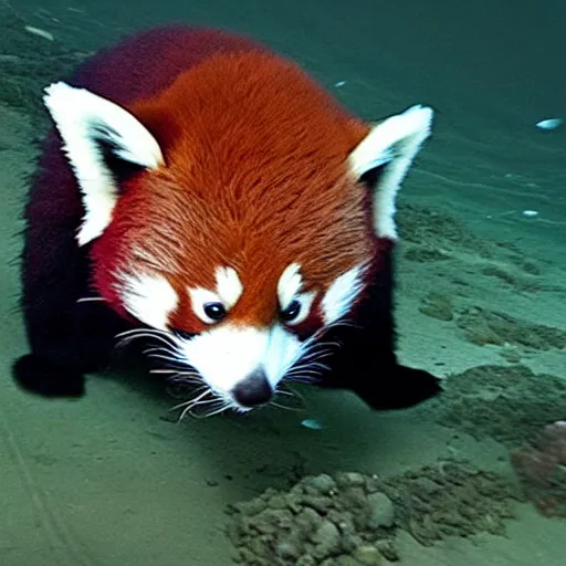 Image similar to dark footage of a red panda walking around the bottom of the ocean