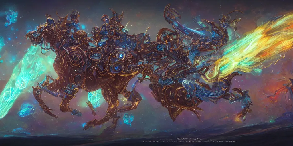 Image similar to cosmic steampunk opal mechanical horse, character design sheet, monster hunter illustrations art book, iridescent, blue flame, neon lights, armored, moebius, greg rutkowski, zabrocki, karlkka, jayison devadas, phuoc quan, trending on artstation, 8 k, ultra wide angle, zenith view, pincushion lens effect.