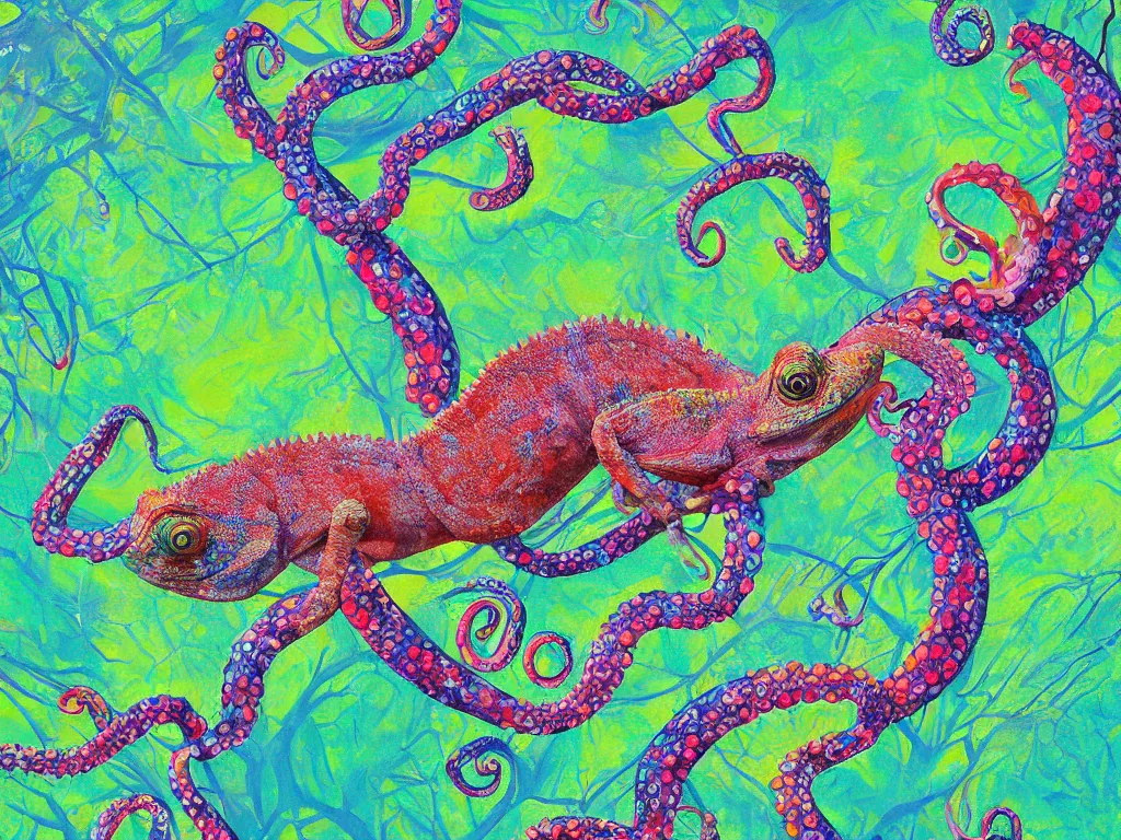 Prompt: chameleon on tree and octopus seen in the lake under the tree, high detail, highly abstract, digital art, 4 pastel colors