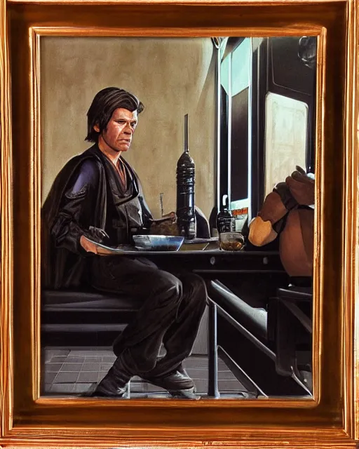 Image similar to rhett sarlin sitting at a table in a cantina on tatooine, long black hair, black leather vest, portrait by ralph mcquarrie