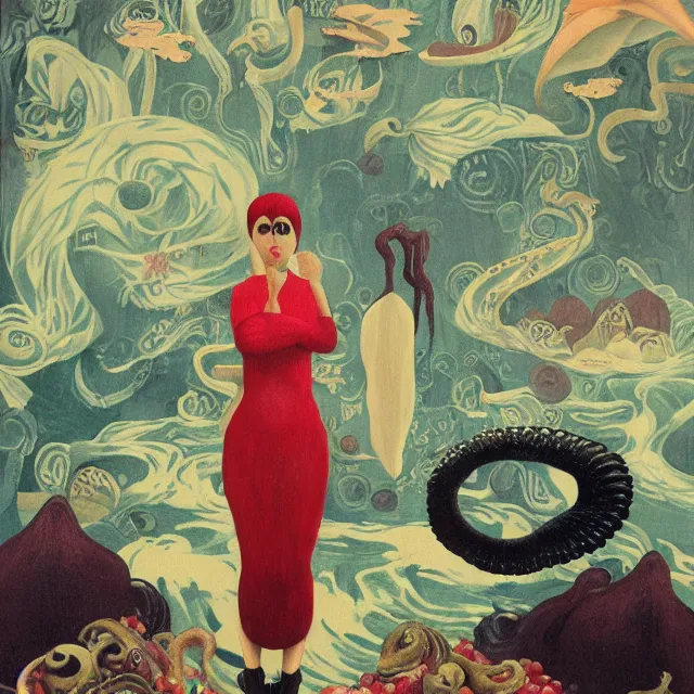 Image similar to tall emo female artist holding a nautilus in her flooded kitchen, pomegranates, octopus, water gushing from ceiling, painting of flood waters inside an artist's apartment, a river flooding indoors, ikebana, zen, rapids, waterfall, black swans, canoe, berries, acrylic on canvas, surrealist, by magritte and monet