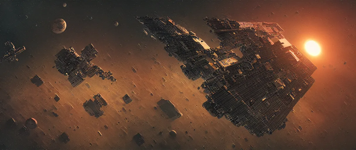 Prompt: illustration, a single scouting spaceship, deep space exploration, the expanse tv series, industrial design, space travel, intergalactic, cinematic lighting, 4k, greebles, widescreen, wide angle, beksinski, sharp and blocky shapes, deep palette