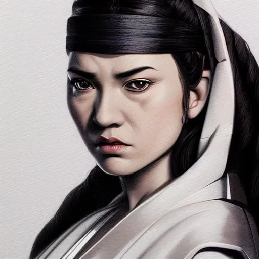 Prompt: steven seagal female, jedi master, wearing the traditional jedi robe, beautiful and uniquely odd looking, detailed symmetrical close up portrait, intricate complexity, in the style of artgerm and ilya kuvshinov, magic the gathering, star wars art