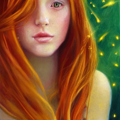 Prompt: photorealistic portrait of a red haired girl among wonderful golden light fireflies, with a round beautiful face, amazed soft smile, long hair, green eyes, hint of freckles, golden ratio, intricate details, colorful, elegant, digital painting, smooth, sharp focus, illustration, ultra realistic, 8 k, artt by sakimichan