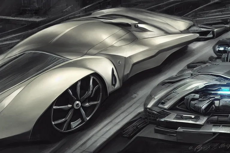 Prompt: a single armored scifi aston martin in the style of bladerunner and alternate car one, car concept, car Design, sid mead, alex ross, intricate Details, concept art, matte painting, highly detailed, rule of thirds, dynamic lighting, cinematic, detailed, denoised, centerd, clean render