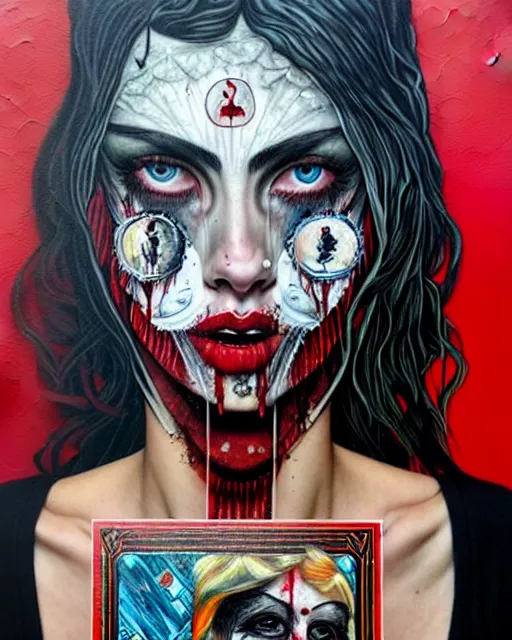 Image similar to a tarot card portrait horror and blood with sea and ocean intricate details by Sandra Chevrier