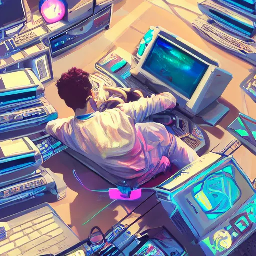 Prompt: aerial view of a guy laying on the floor of his bedroom surrounded by electronics computers food video games, vaporwave colors, faded effect, highly detailed, digital painting, artstation, concept art, soft light, sharp focus, illustration