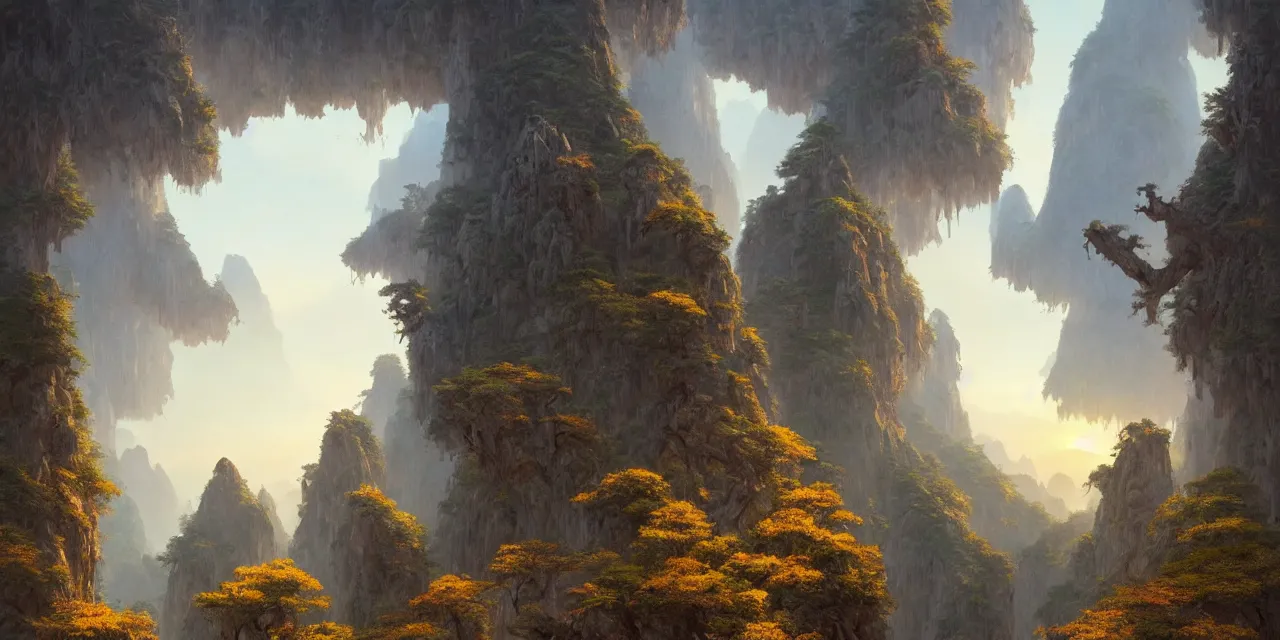 Prompt: huangshan with floating islands, zero gravity, karst pillars, complex buddisht temples on hilltops, artwork by ansel adams, andreas rocha, greg rutkowski, artstation, scifi, hd, wide angle, view on the valley from inside a grotto, autumnal, sunset