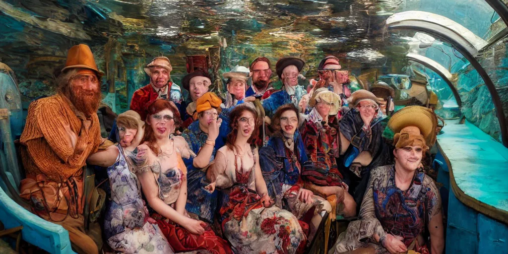 Prompt: detailed colour photograph group portrait of amazingly characterful people sat down extreme closeup, in the inside of the beautiful underwater train to atlantis, realistic and lifelike expressions, crowds of people sat down wearing odd clothes