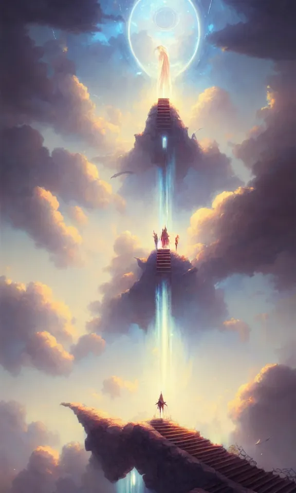 Image similar to stairway to heaven, sky full of clouds, art by greg rutkowski and peter mohrbacher, featured in artstation, octane render, cinematic, elegant, intricate, ultra detailed, rule of thirds, professional lighting, unreal engine, fantasy, concept art, sharp focus, illustration, 8 k