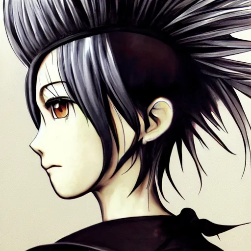 Image similar to Realistic illustration of an anime girl with short white hair and black eyes wearing tuxedo in the style of Yoshitaka Amano, abstract black and white background with lines, film grain effect, highly detailed, Renaissance oil painting