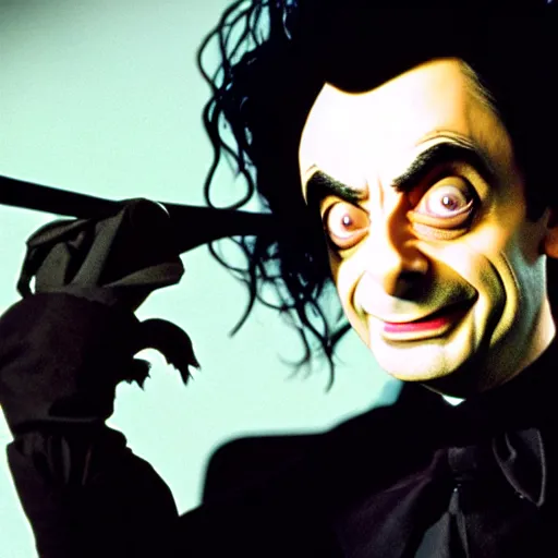 Image similar to mr. bean as edward scissorhands. movie still. cinematic lighting.