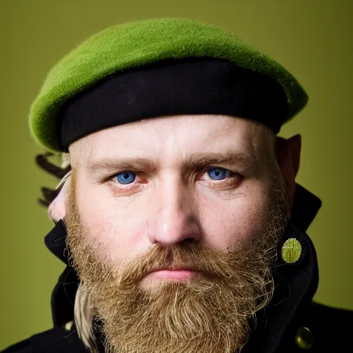Image similar to close up of face of middle aged balding blond man with a blond beard and blond mutton chops, short wavy blond hair, green eyes, 1 8 0 0 s soldier, portrait, 4 k
