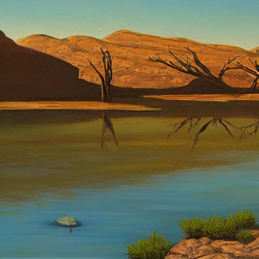 Prompt: quiet still pond, oasis in cleft of rock overlooking sandy desert spotted with dead trees, HD, oil painting,