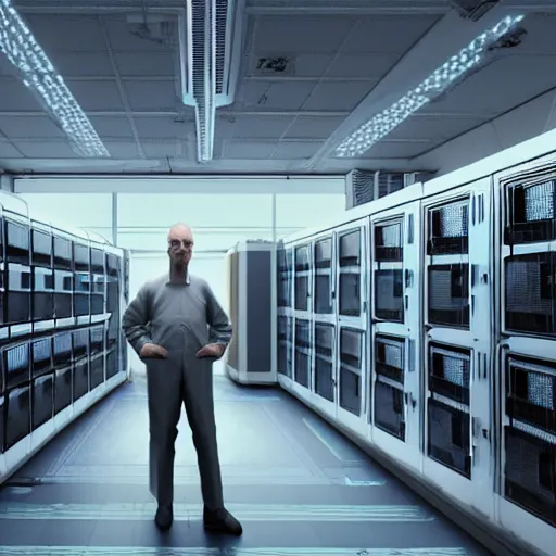 Image similar to hyperrealism detailed photography scene from stanley kubrick movie of highly detailed stylish system administrator from 2 0 7 7's as droid in josan gonzalez, gragory crewdson and katsuhiro otomo, mike winkelmann style with many details working at the detailed data center by laurie greasley hyperrealism photo on dsmc 3 system volumetric epic light rendered in blender