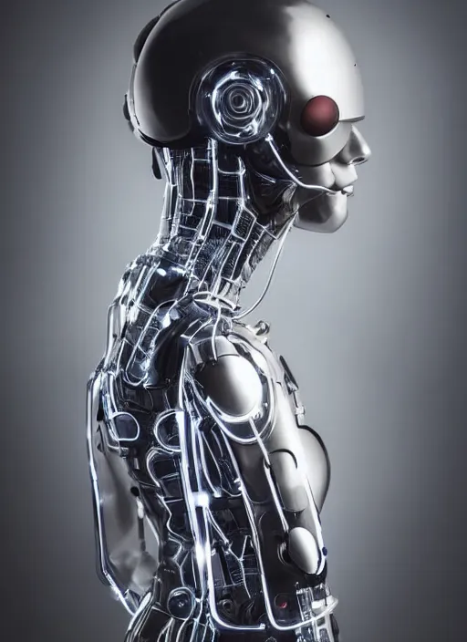 Prompt: Close upper body shot. Artistically angled subject. Professional studio portrait lighting. Technological fashion photography. Mechanical cybernetic suit designed by Ikeuchi Hiroto. Wearable design. Hydraulics. Reflective domes. Intricate tech. Formfitting. Bulky wearables. Receiver Antennae.