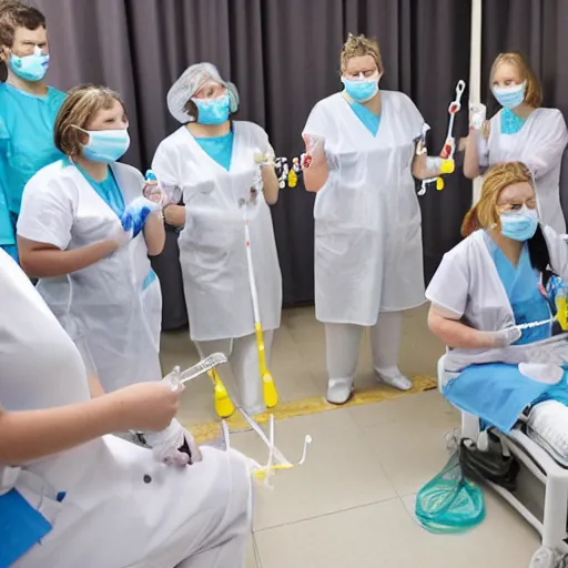 Prompt: nurses playing musical instruments made out of medical supplies, made out of clear tubing, syringes, urine collection bag, iv pole, fluid bag, nebulizer equipment, bag - valve mask, intubation equipment, speculum, defibrillator, flexiseal.