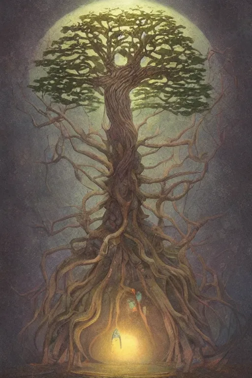 Image similar to Yggdrasil the tree of life by Shaun Tan and Hiroshi Yoshida, trending on artstation