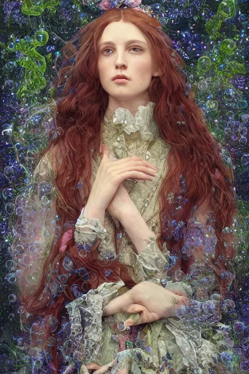 Image similar to An extremely beautiful pre-raphaelite ornate portrait of a very beautiful witch, surreal, ultradetailed, intricate, elegant, digital art painting, concept art, smooth, sharp focus, magazine art cover illustration, regal, award winning picture, extremely detailed masterpiece, sense of awe, featured on Artstation, Artgerm, winning award piece, ethereal bubbles, Aetherpunk, low-key neon lightning, stormy weather, Exquisite floral details, 8K detail post-processing, matte, oil painting