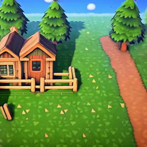 Image similar to a photo of a Eerie cabin in the middle of the woods in the style of Animal Crossing new horizons, gameplay footage