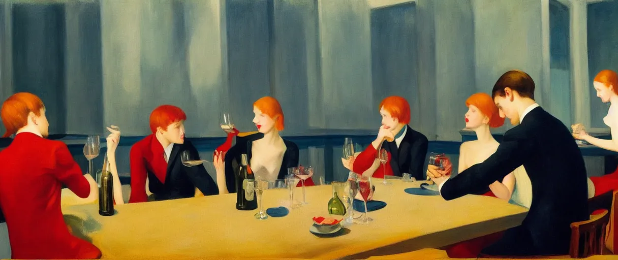 Image similar to an edward hopper painting of a young gen z group of friends having wine at a dinner party