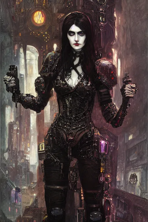 Image similar to beautiful gothic Alexandra Daddario, cyberpunk, Warhammer, highly detailed, artstation, illustration, art by Gustav Klimt