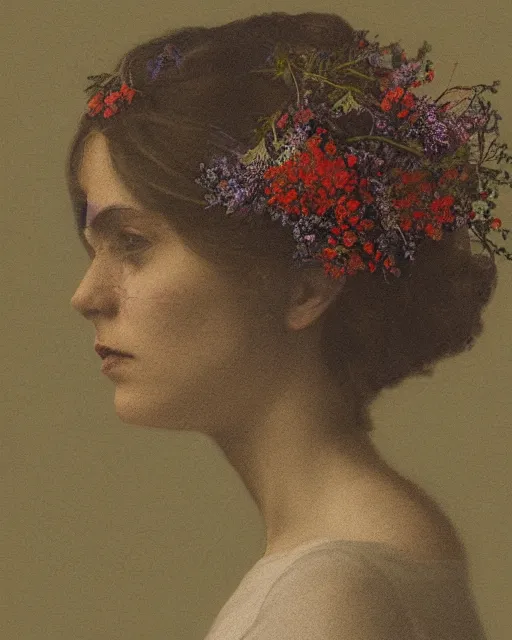 Prompt: a woman's face in profile, made of wildflowers, in the style of the dutch masters and gregory crewdson, dark and moody